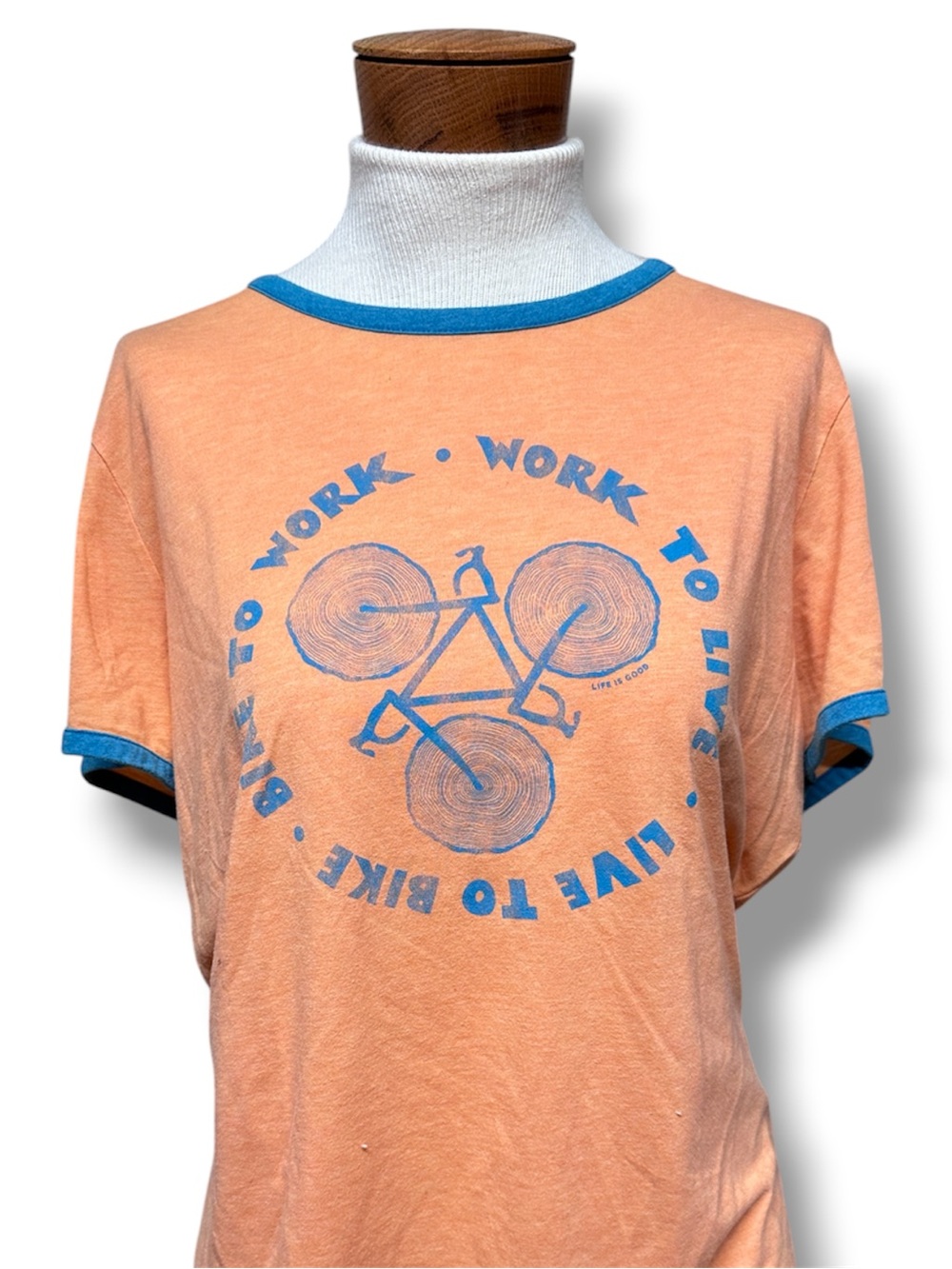 Life Is Good Peach Short Sleeve Ringer Tee with Blue Graphic Trim